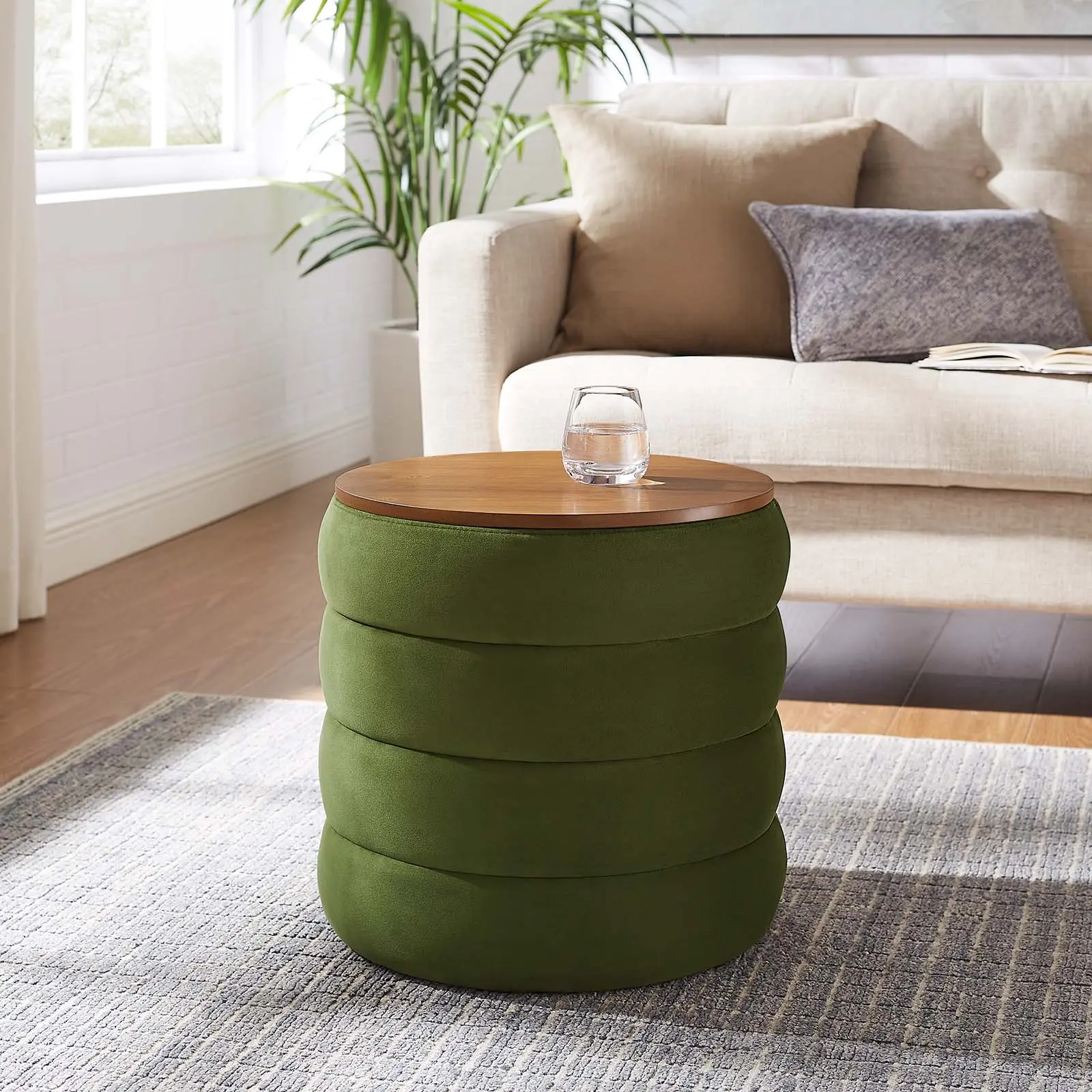 Modway Mezzo Round Tufted Upholstered Performance Velvet Ottoman with Storage, Moss Green Footstool, Large Living Room Furniture for Living Room Decor, Tufted Upholstered Ottoman