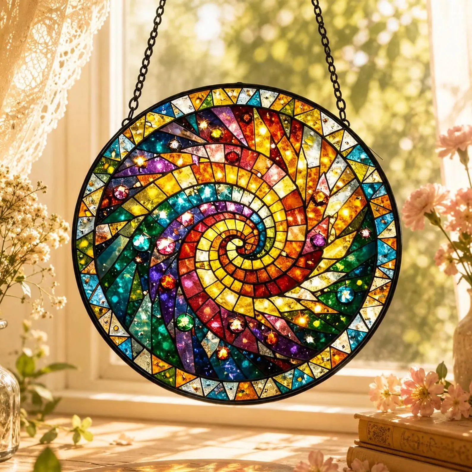 Rainbow Spiral Stained Glass Window Hanging, Abstract Glass Sun Catcher, Circular Wall Art Decor, Unique Gift for Art Lovers