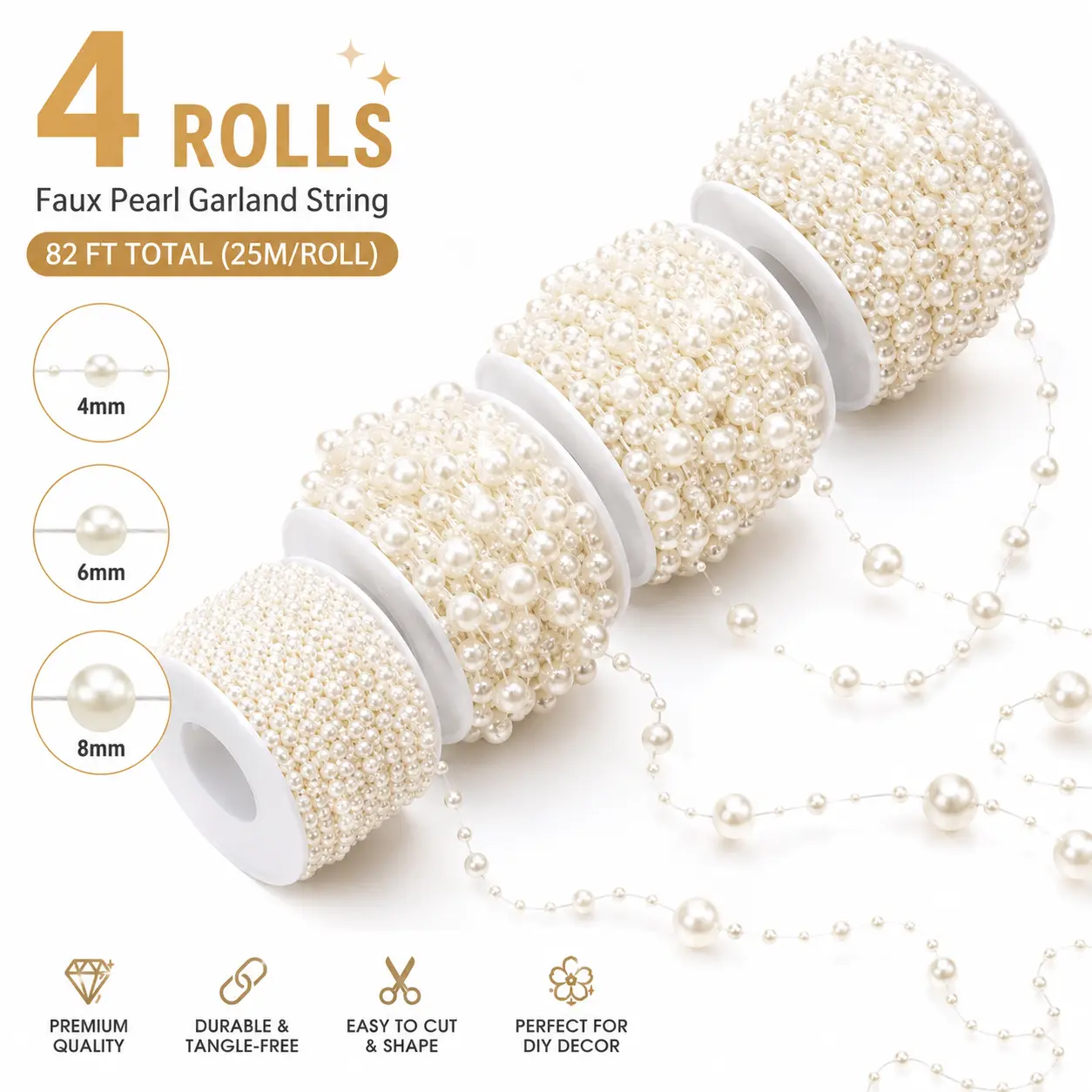 ABS Plastic Faux Pearl Garland String (4 Rolls, 82 FT Total, 25M/Roll) - Mixed Sizes 4mm/6mm/8mm Bead Chains, Easy Cutting, Even Spacing for Wedding Use, Bridal Bouquet Wrap, DIY Crafts
