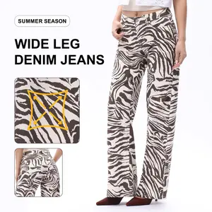 ONESO Women's Colors Pattern Print Wide Leg Jeans Mid Rise High Stretchy Denim Pants Five Pocket Construction Denim Back Panel Featuring Asymmetrical Cut Lines Casual Style Summer Street Outfits #SummerVibes