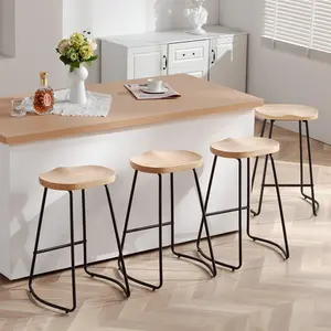 FIRAVOE 4-Piece Minimalist Backless Saddle Seat Bar Stools - Industrial Counter Height Stools with Rubberwood Accents and Metal Legs for Rustic Indoor Use