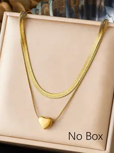 Stainless steel gold snake chain and heart charm layered necklace for women