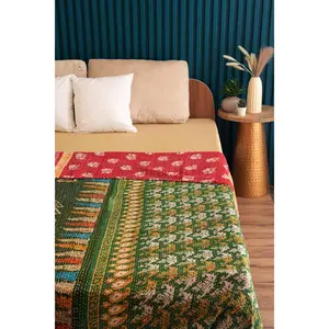 Handmade Cotton Vintage Kantha Quilt Boho Reversible one-of-a-Kind Kantha Throw Bedspread (Queen 108" x 90")