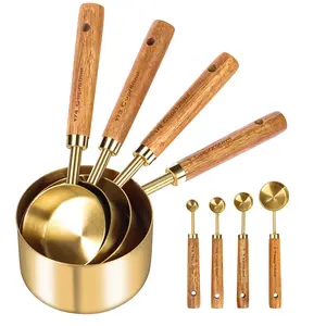 8 Pcs Gold Measuring Cups and Spoons Set,Wood Handle with Metric and US Measurements,Premium Stainless Steel,Golden Polished Finish,Dry & Liquid Measuring Cup for Cooking and Baking,Hand Tools Kits