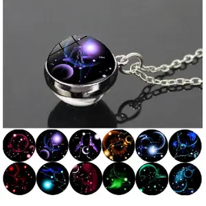 Zodiac Pendant Necklace - Starry Sky Glass Ball with Luminous Constellation Design, Fashionable Zinc Alloy Jewelry for Men  necklace