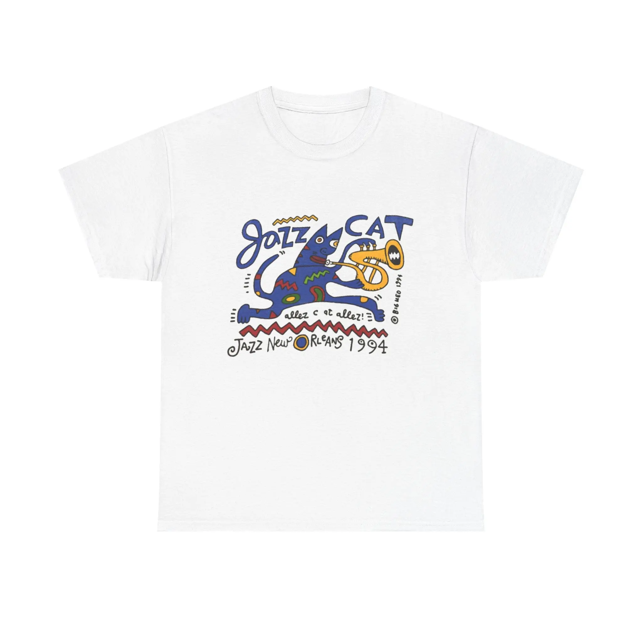 oloey Men's Vintage Jazz Cat Graphic Shortsleeve Tshirt with a Ribbed Round Neck and Tubular Knit Seams, Tops, Tee, Menswear, Denim, Cotton, Vintage T Shirts, Elastic, Musical, Relaxed Fit, Dual Printing, Ribbed Crew, Lightweight, Do Not Dry Clean, Casual