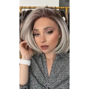 EllaRae | Liz Style Wig | Lace Front Free Parting Grey Bob with Dark Rooting Wig