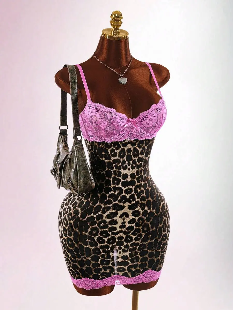 DAZY Women's Summer Sexy Lace Patchwork Leopard Print Fitted Mini Dress