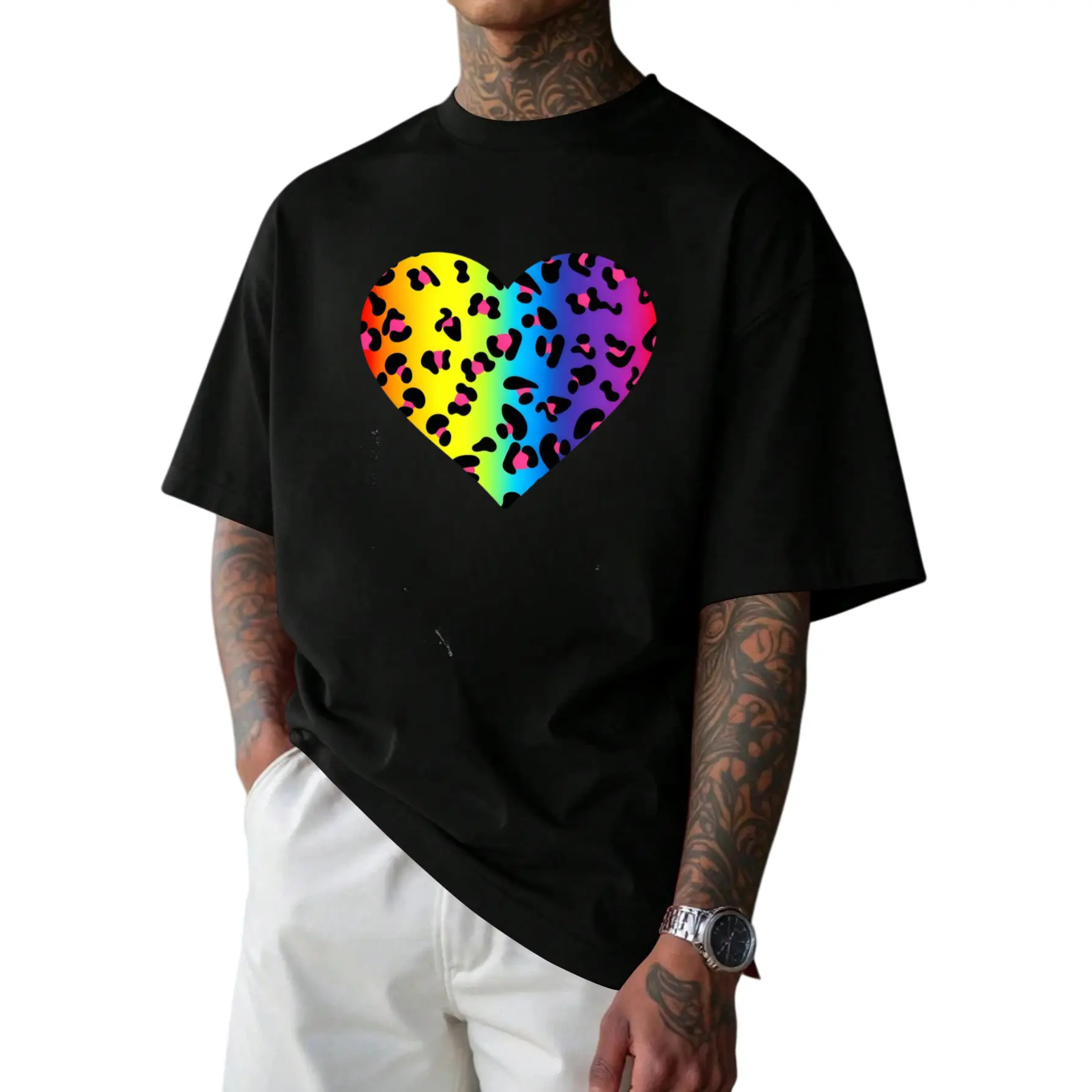 Heart Rainbow Cheetah Leopard Tiger Print T Shirt Product ImageSame Style for Men Summer Shortsleeved Printed Tshirt Pure Retro Casual Short-sleeved T-shirt with a Round Neck and Printed Pattern Suitable for Daily