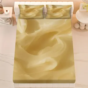 3Pcs Golden Swirl Elegance Neutral Fitted Sheet Three Piece Set (1*Fitted Sheet+2*Pillowcases, Coreless), All-Season theme, Luxury Bedding Set, Mattress protector Soft, Breathable