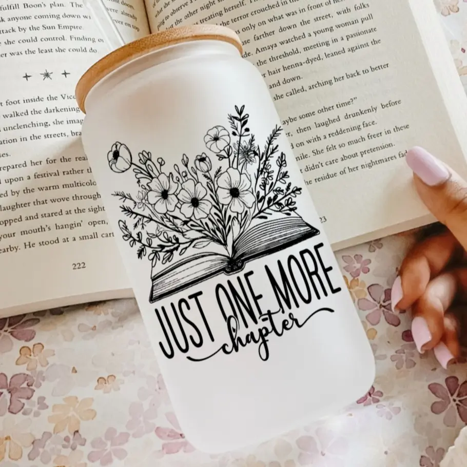 Just One More Chapter Glass Cup With lid and Straw, Bookish 16oz Frosted Glass Tumbler with Bamboo Lid, Booktok Book Lover Gift