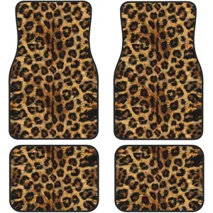4pcs Brown Leopard Print Auto Carpet Car Floor Mats | Full Set of Front & Rear with Rubber Backing, Polyester Fiber, Universally Applicable for Auto, Van, Truck, SUV, Car Interior Accessory - Heavy Dust Car Pad Cushion