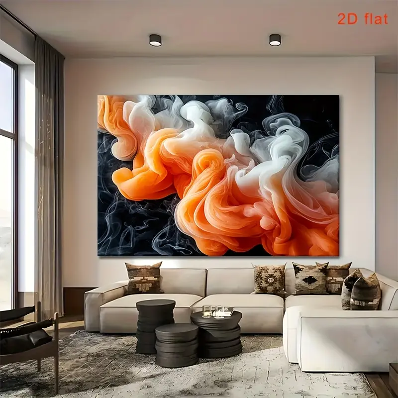 2D Flat Painting, 2D Flat Painting, 2D Flat Painting This is a vibrant orange and black abstract smoke art canvas painting, designed for modern wall decoration. It is framed and suitable for various rooms such as the living room and bedroom