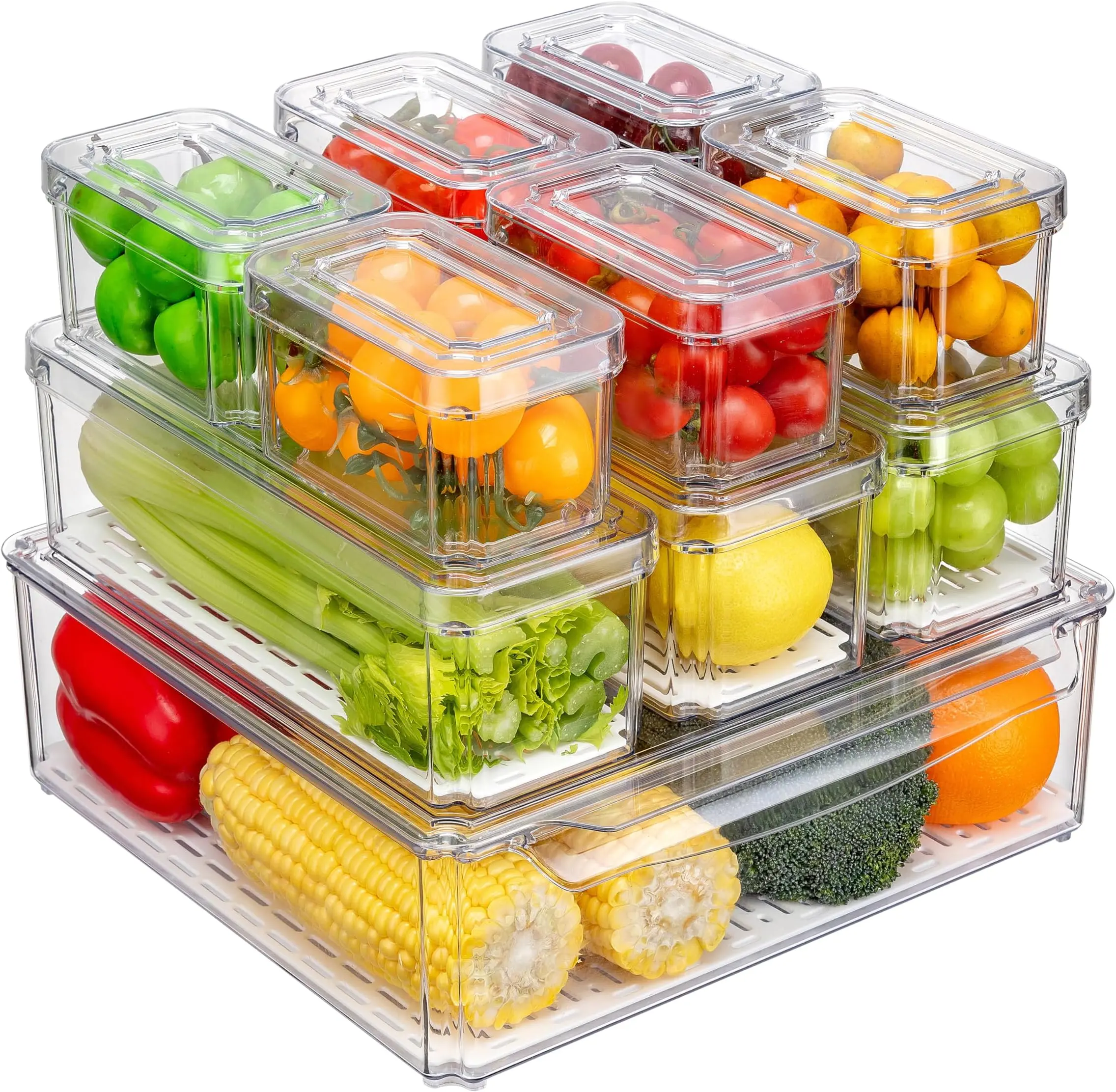 Fridge Organizer 10 Pack - Stackable Refrigerator Bins with Lids, Clear Food & Vegetable Storage, Produce & Fruit Storage Containers Kitchen Set