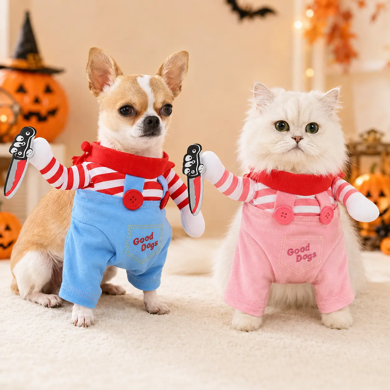 Funny Halloween Dog Costume with Soft Toy Prop, Comical Doll Cosplay Outfit for Small Medium Dogs and Cats, Adjustable Pet Party Clothing for Puppies, Chihuahua, Poodle and Corgi, Red Blue or Pink, Sizes XS-L, for Photos and Trick or Treat