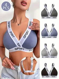 4pcs Women's Sports Bra Set, Breathable No Underwire Gathered Comfort, Removable Pads, Wide Colorblock Letter Straps, Soft Elastic Fabric