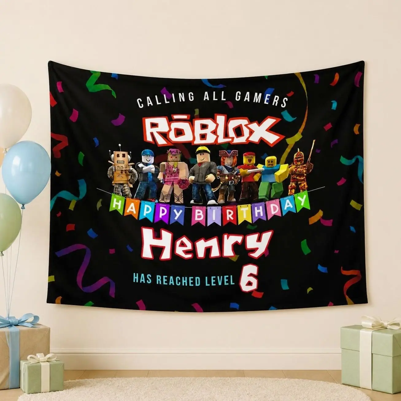 Custom Name Birthday Backdrop, Personalized Gaming Tapestry Banner, Kids Party Wall Decor, Gamer Boy Girl Level Up Birthday Banner