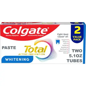 Colgate Total Whitening Toothpaste Paste 5.1 oz 2 Pack Fluoride Antibacterial for Plaque Gingivitis Sensitivity Stain Removal Clinically Proven Mint Flavor Oral Care - Daily