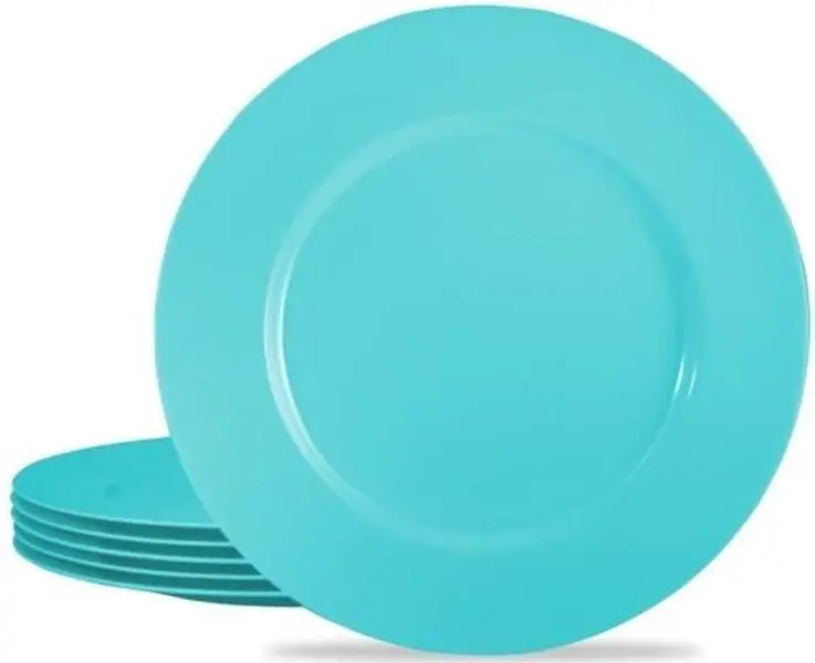 Round Melamine Dinner Plate Set - 6-Piece Shatterproof Turquoise Plates with Refined Edge, Dishwasher Safe for Indoor Kitchen Serving Tableware (Model 71702)