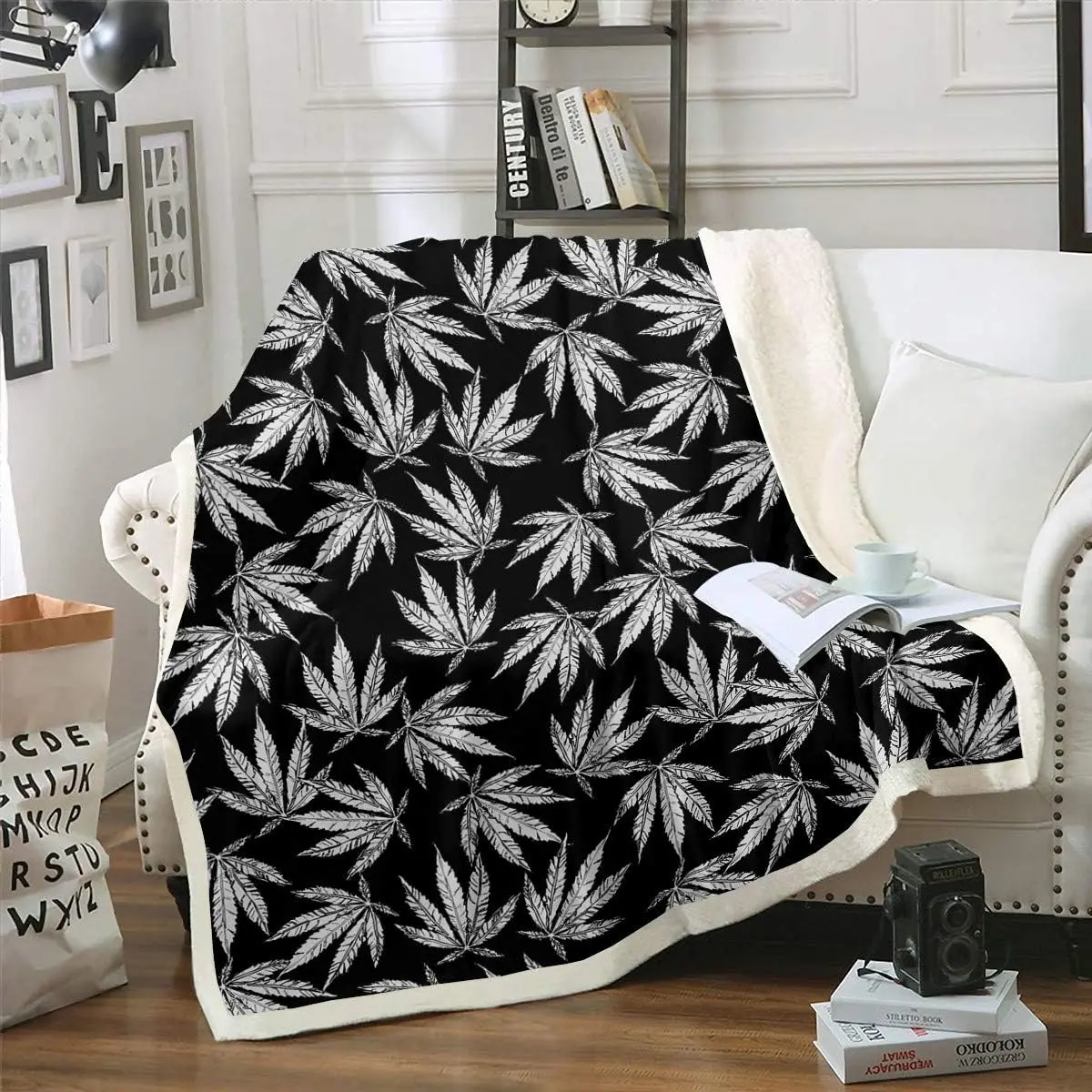 Feelyou Soft Fleece Warm Throw Blanket - Botanical Leaf Plush Sherpa Blanket for Sofa, Bed, Couch, Soft Fleece Blanket