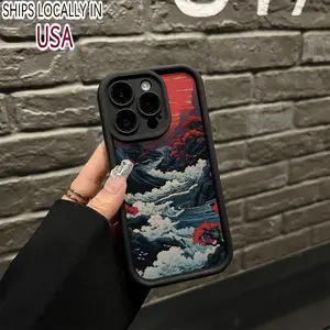 Soft Matte Shockproof Case with Japanese Wave Design for Iphone 16 Pro Max, 15, 14, 13, 12, And 11 Pro Plus. Compatible with Ip13Promax/Ip14Promax, Made from Elastic TPU Material with a Matte Finish.