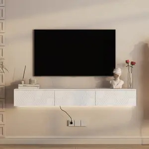 Floating TV Stand Wall Mounted with 16 Color LEDs,67" Modern TV Stand, Floating TV Cabinet Entertainment Center for 55 60 65 Inch TV,White