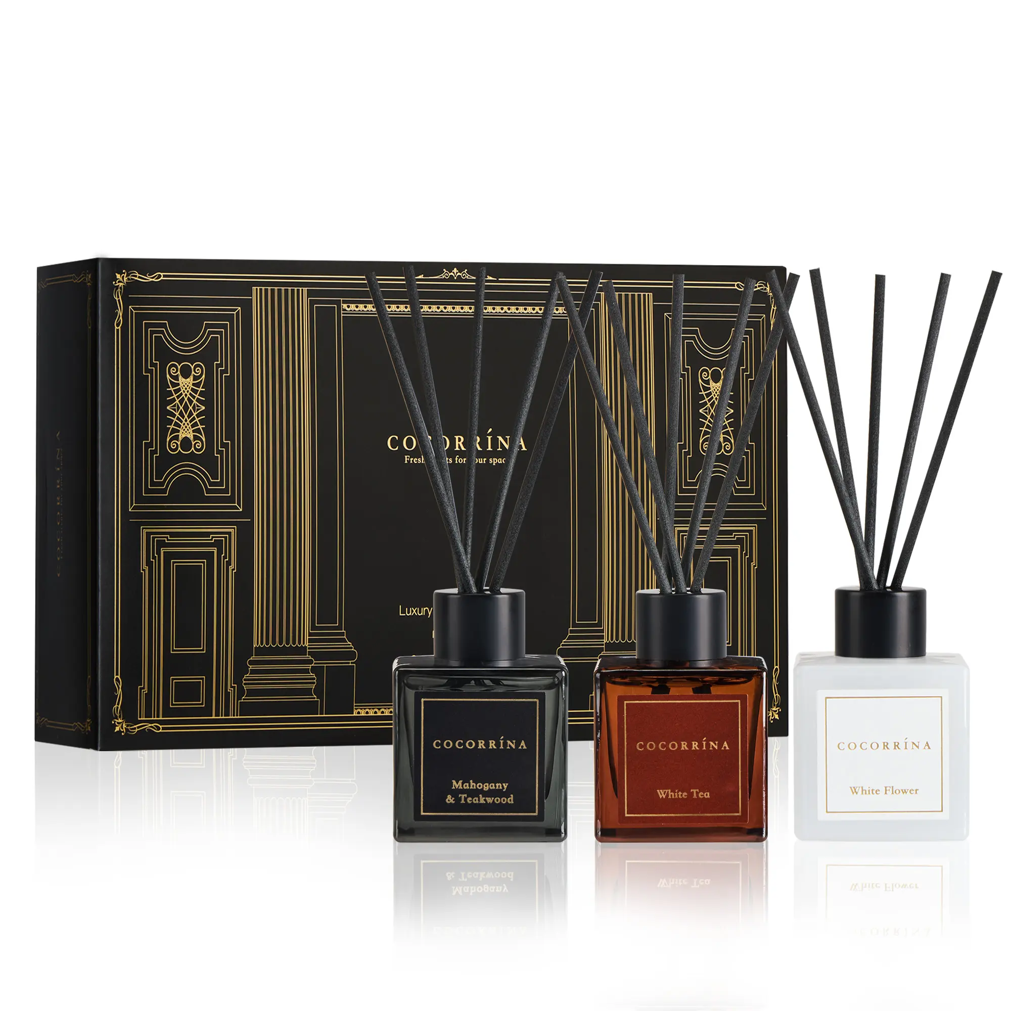 COCORRÍNA Hotel Collection Reed Diffuser Set, 1.7 fl oz Trio, Mahogany Teakwood, White Flower & White Tea, Home Fragrance for Bathroom, Bedroom, Entryway & Office