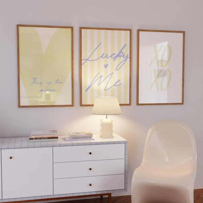 Butter Yellow Lucky Me Pin Stripe Set of 3 Wall Art - Lucky you Quote Poster -Dorm Aesthetic Preppy Coquette Art - Digital Download Set