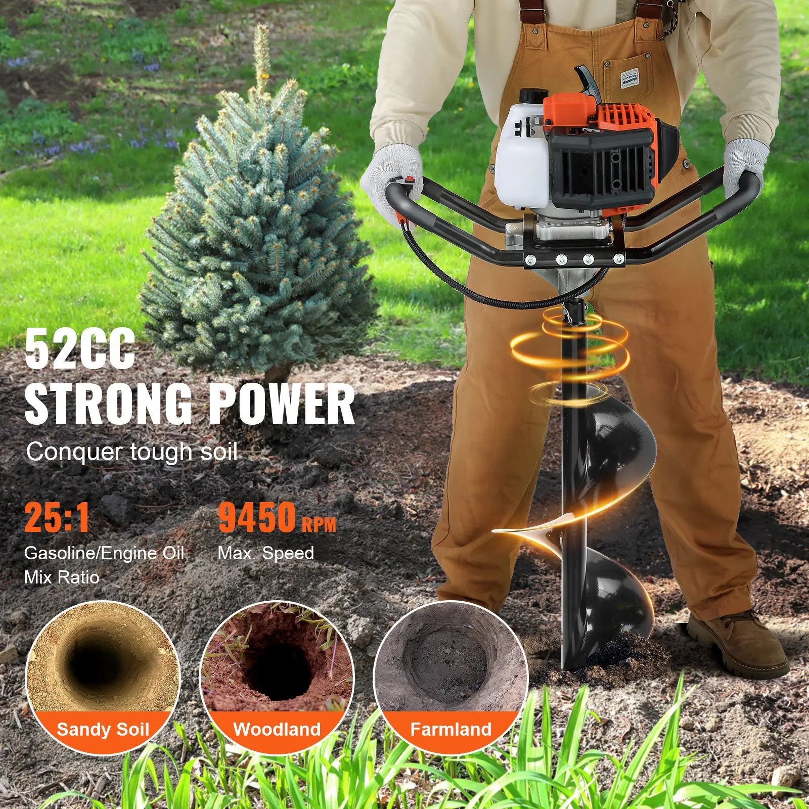 VEVOR Post Hole Digger, 52cc 1450W Auger Post Hole digger, Gas Powered Earth Digger with Two Earth Auger Drill Bit 6" & 10" and 3 Extension Rods, for Farmland, Garden and Plant, EPA certification