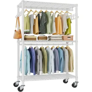 R2 Plus Rolling Garment Rack 3 Tiers Adjustable Wire Shelving Clothes Racks with Wheels, Freestanding Wardrobe Storage Rack Heavy Duty Metal Clothing Racks for  Clothes, White