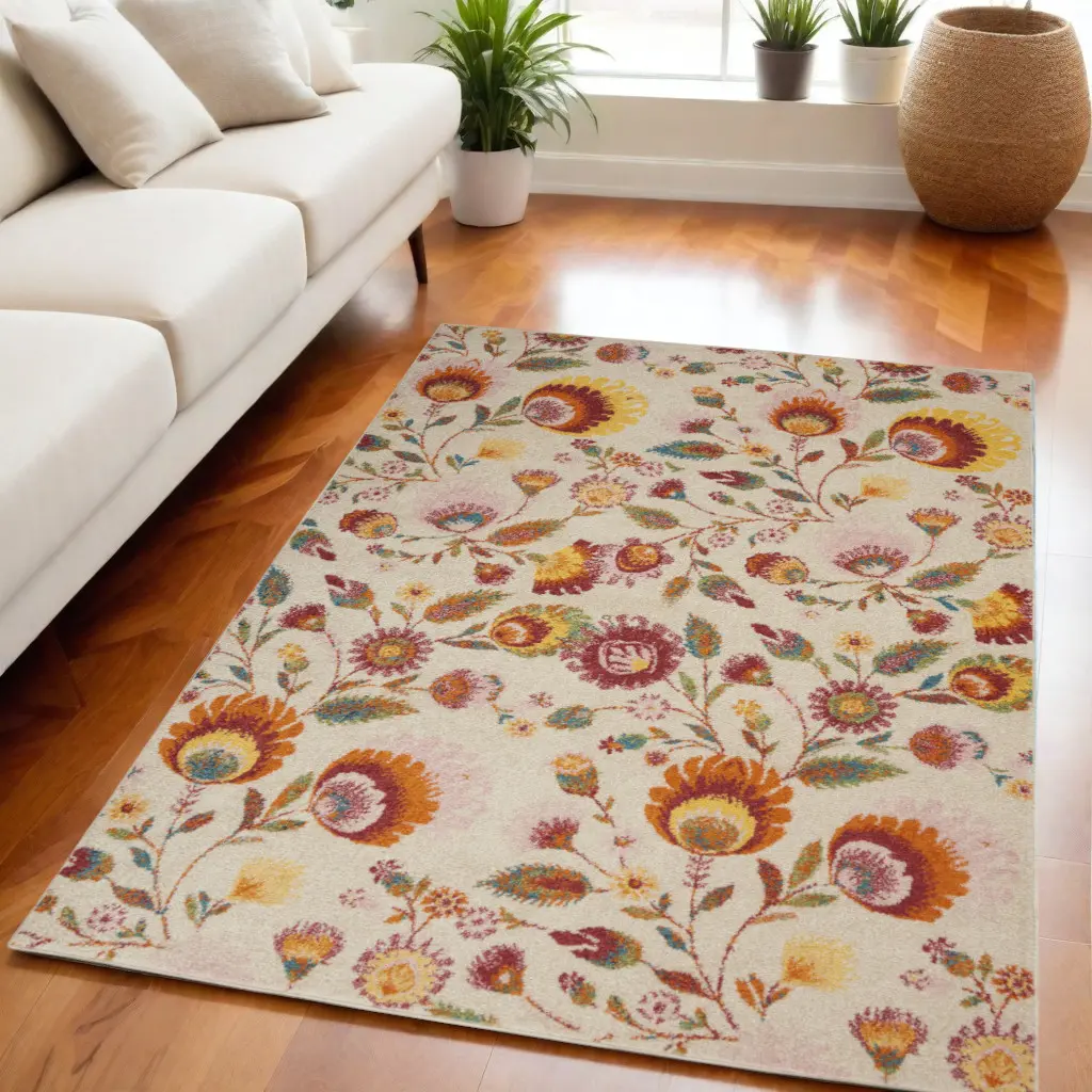 212 MAIN 5' x 7' Indoor Power-Loom Rectangle Area Rug, Cream (Model 550281) - Contemporary Decorative, Floral Print, Home Decorative for High Traffic Walk Areas, Contemporary Decorative Rug, Floral Print Rug