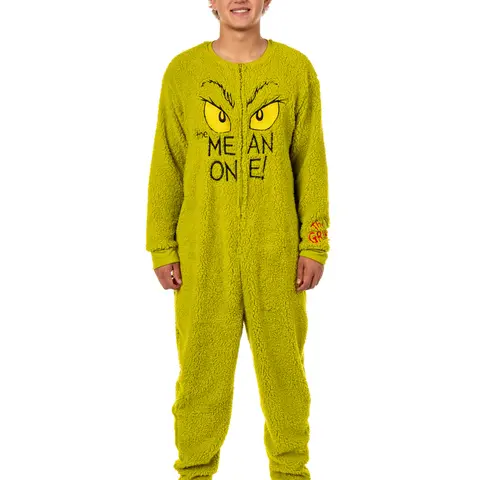 Men's Dr. Seuss The Grinch Ribbed Fabric Fun Cartoon Character Costume Pajama Onesie, Casual 1-Piece Sleepwear & Loungewear