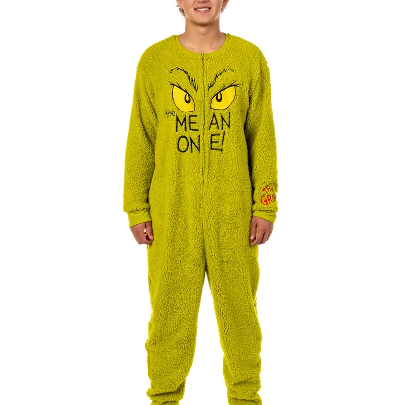 Men's Dr. Seuss The Grinch Ribbed Fabric Fun Cartoon Character Costume Pajama Onesie, Casual 1-Piece Sleepwear & Loungewear
