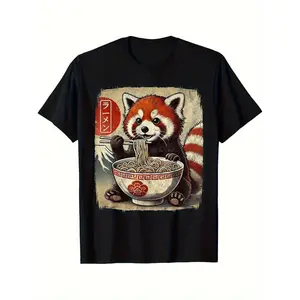 Men'S Funny Red Panda Eating Ramen Japanese Kawaii Anime Design T-Shirt - Black Casual Short Sleeve Crew Neck, Suitable for Outdoor Activities And Daily Wear