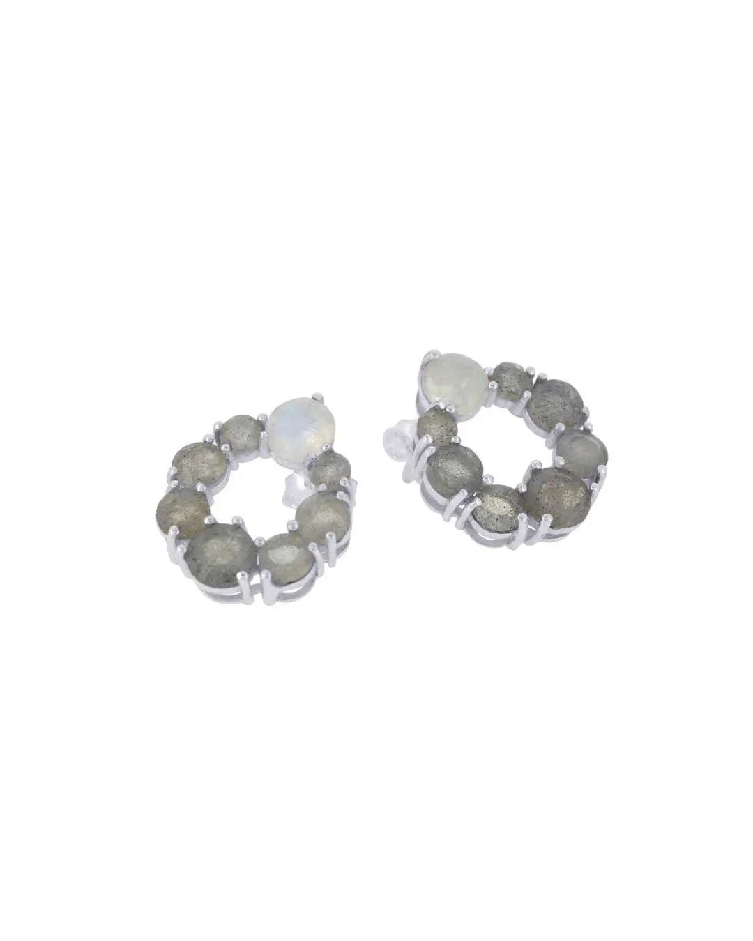 Sterling Silver Labradorite and Rainbow Moonstone Circle Post Earrings – 0.5" Studs with Prong Setting