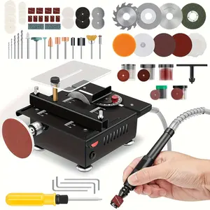 Mini bench saw, multi-functional portable adjustable, cutting, grinding, engraving, drilling all-in-one, precision manual table saw with 7-speed control. Includes multiple blades & accessories. Tool Kit Tool Box