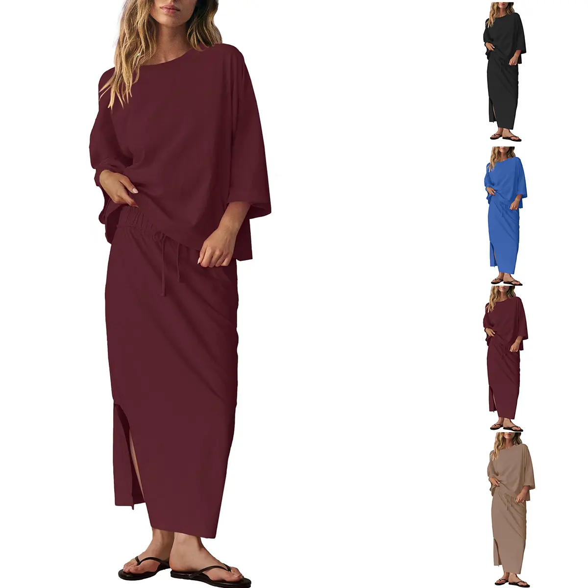 UANEO Womens 2 Piece Outfits Fall Skirt Sets Oversized 3/4 Sleeve Top and Maxi Skirt Vacation Matching Lounge Set