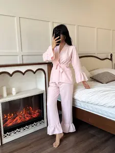 Women's Solid Color V Neck Tie Pajama Sleepwear Set, Bell Sleeve Long Sleeve Pants Two-Piece, Loose Comfort Home Wear Loungewear