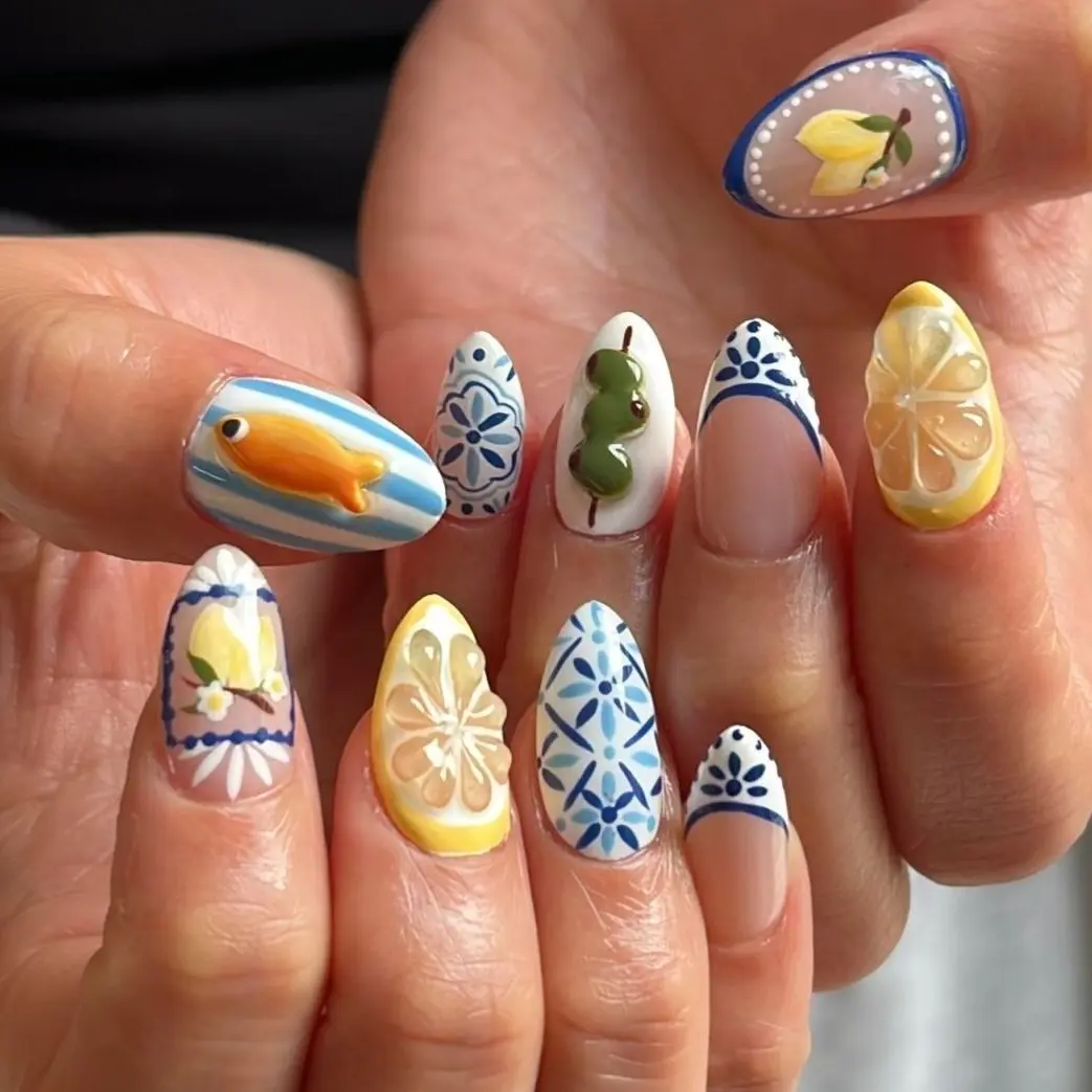 24Pcs Summer Vacation Press-On Nails Set | Blue & White Ocean Theme + Lemon Fruit Nail Art Design | Reusable Full Cover Nail Tips for Trendy Beach Look