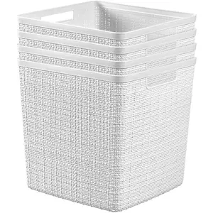 4-piece set of large cube 17-liter jute-decorated plastic storage baskets - perfect storage bins for home offices, closet shelves, kitchen pantries, and all bedroom essentials, white