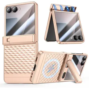for Z Flip 7 Case, Hinge Protection Case with Kickstand & Camera Screen Protector, Magnetic Slim Anti-Scratch Girly Women Cute Cover for Samsung Galaxy Z Flip 7 - Rose Gold, Compatible with MagSafe