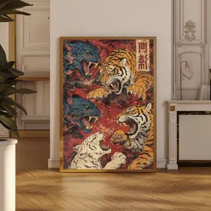 Japanese Tiger Poster, Samurai Style Wall Art Print, Vintage Tattoo Cats, Red Grunge Background, Asian Warrior Decor, Tiger Wall Art at Home