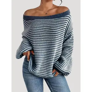Women’s oversized loose striped knit sweater with off-shoulder long sleeves, suitable for casual wear in Autumn 2025; fashionable knitted women’s cardigan/top, blue GARMENTARY