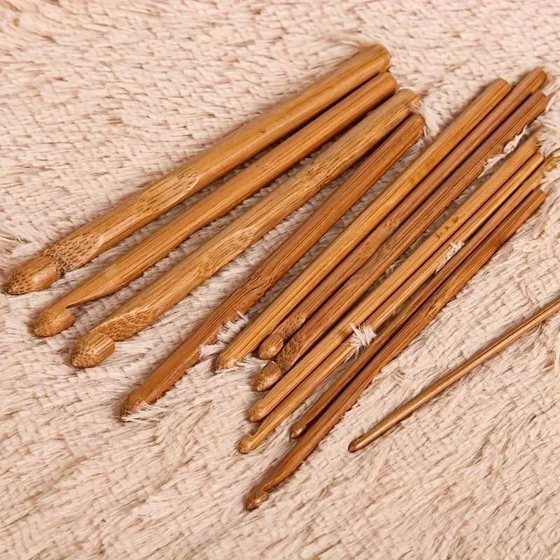 Bamboo Crochet Needle Set, 12pcs/set Bamboo Crochet Round Crochet Needle, Wool Needle, DIY Knitting Sweater Needle, Sewing Supplies