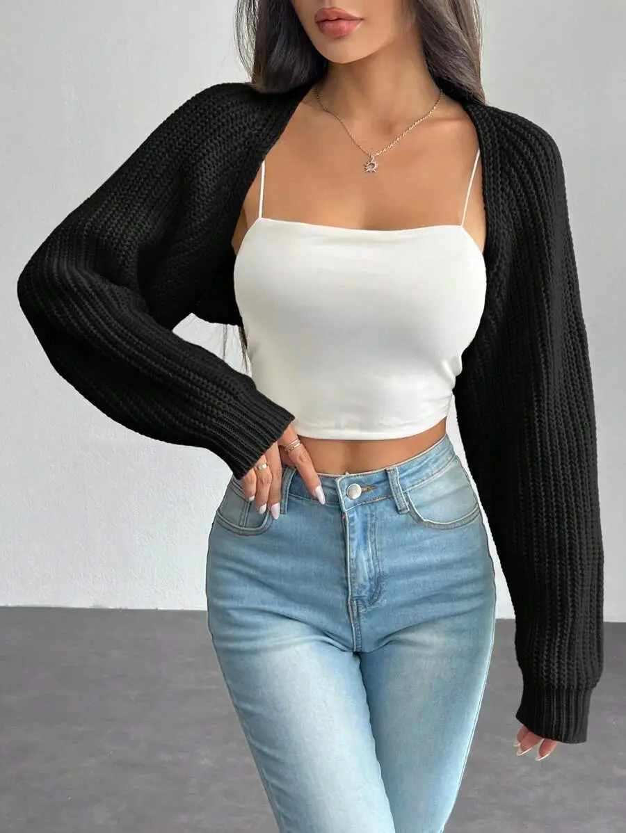 LUNA LAYER Womens Balletcore Ribbed Knit Raglan Sleeve Shrug Crop Cardigan Off Shoulder Top