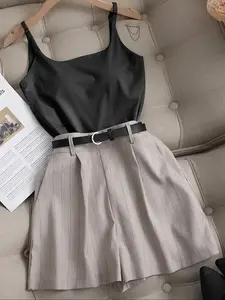 Women's Striped Loose-Fitting Wide-Leg Elegant Woven Shorts, No Belt Needed, Bermuda Style, Spring Summer Fashion, Stylish Short Pants