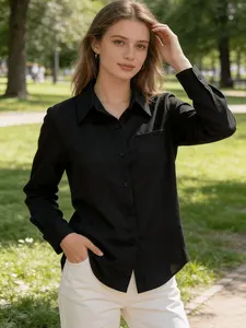 Women's Solid Button Down Long Sleeve Shirt, Soft Smooth Fabric Curved Hem Top, Suitable for All Seasons, Commute &Daily Wear