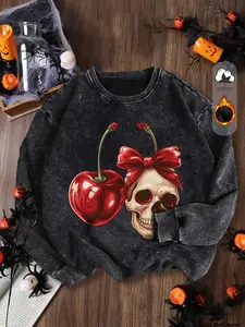 Women's Casual Vintage Wash Cherry Skull Halloween Cotton Fitted Pullover Sweatshirt, Round Neck Long Sleeve Fleece Lined Hoodie for Fall Winter Fashion