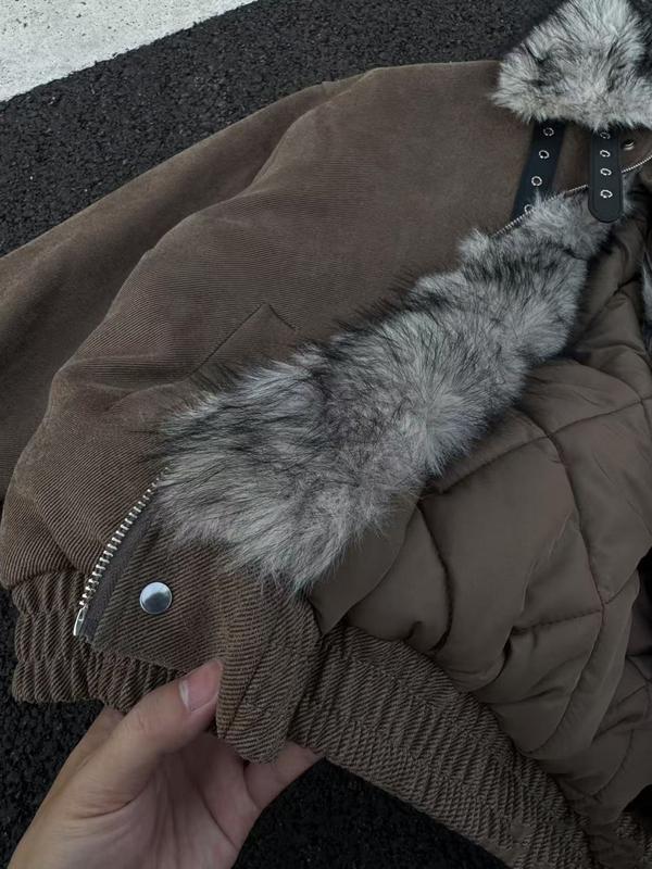 Unisex American Vintage Faux Fur Trim Mountain Carved Cotton Jacket, fleece lining + faux fur trim design + metal button decoration + cross embroidery + side zipper pocket + durable fabric construction, perfect for commuting or everyday street style, prov