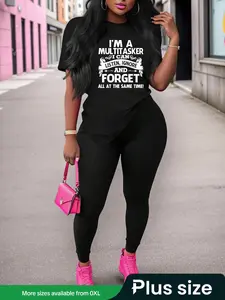 [Plus Size] Two-Piece Set Letter Print Tee & Plain Elastic Waist Pants Set, Casual Round Neck Short Sleeve T-shirt & Trousers, Women's Summer Clothes for Daily Wear, Matching Clothing Set, Casual Outfit Set